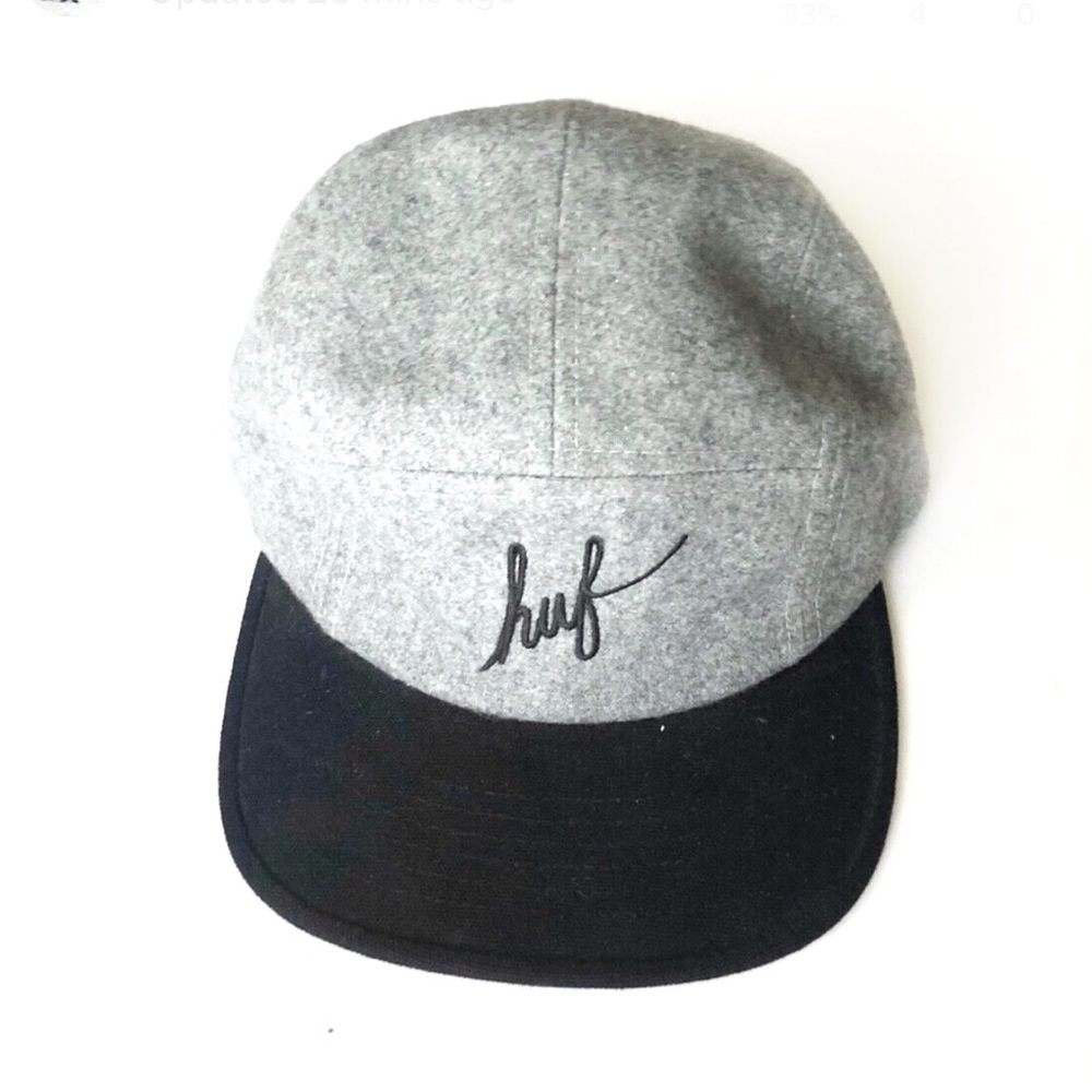HUF wool 5-panel logo hat • gray & black